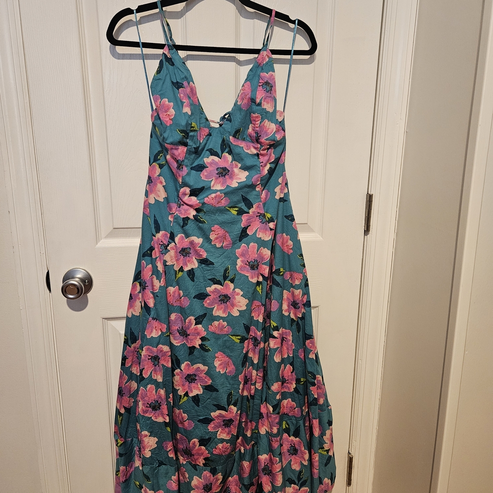 Free People Teal Maxi Dress with Pink Floral Pattern